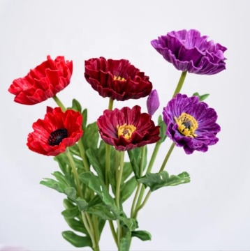Berkualiti tinggi 3 kepala PU sentuhan sebenar poppies buatan untuk dijual