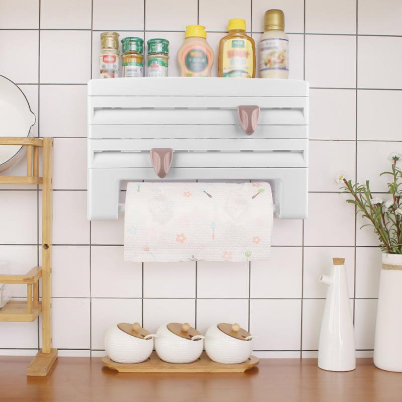 Wall-Mount Paper Towel Holder Kitchen Organizer Preservative Film Dispenser Sauce Bottle Storage Rack Wall Roll Paper Storage