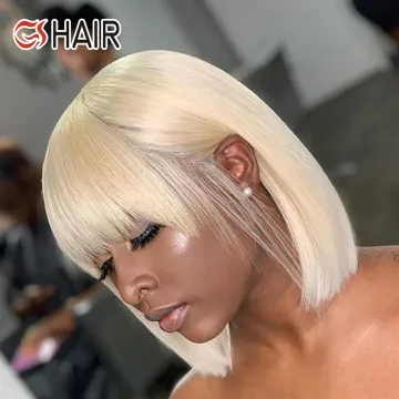 GS 613 Blonde Short Straight Bob Wig with Bangs - Brazilian Virgin Human Hair Machine-Made Wig for Women