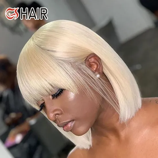 GS 613 Blonde Short Straight Bob Wig with Bangs - Brazilian Virgin Human Hair Machine-Made Wig for Women