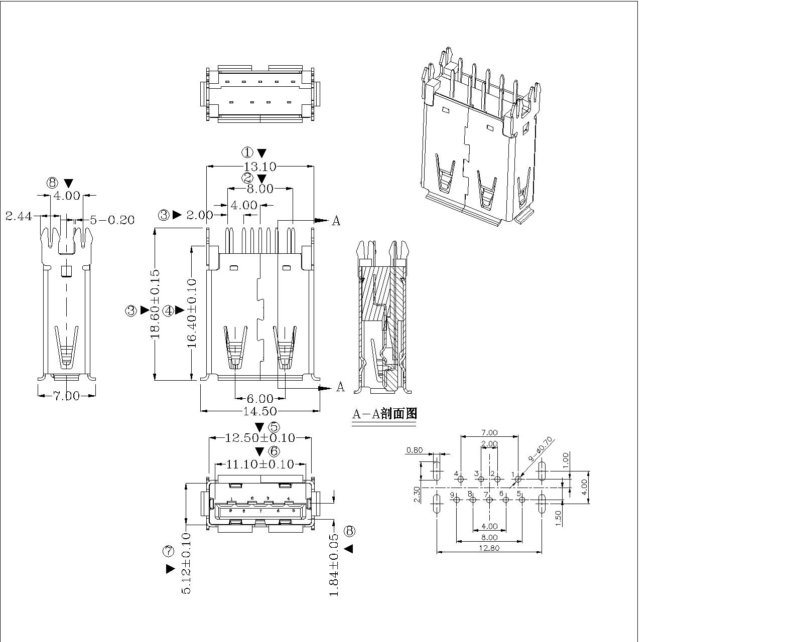 U3AFS07 USB A Female 3.0 vertical, with 4 le