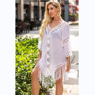 Ukuran plus wanita yang datar di backless rumbai mikro cetak pantai cover-up di atas rok