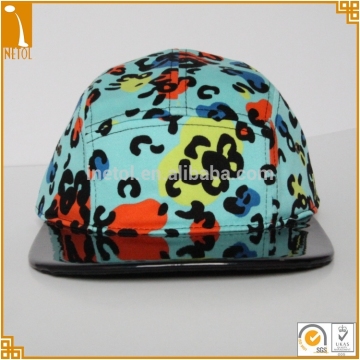 Flat brim PU brim custom 5 panel caps