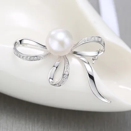 Wholesale Quality 925 Silver Bowknot Pearl Brooch Jewelry