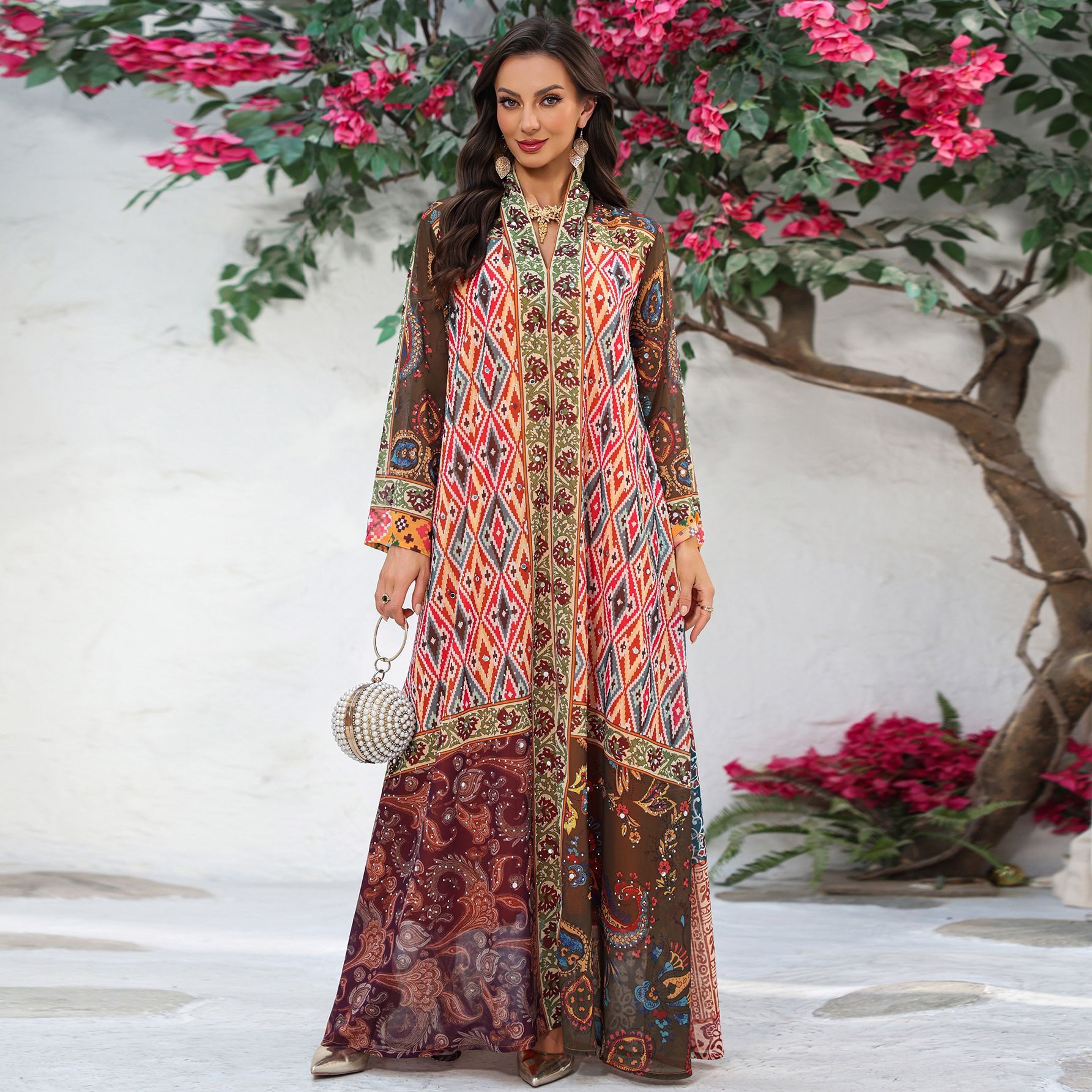 Printed Chiffon Maxi Dress Abaya Detail
