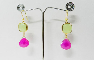 925 Sterling Gold plated Prehnite Hydro & Fuschia Chalcedony Earring