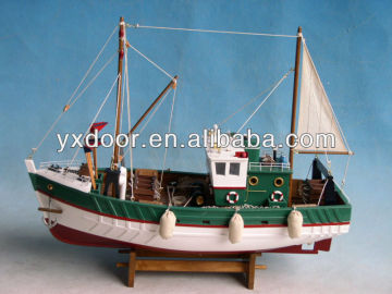 Fishing ship model / 45cm length, green & white /wooden boat model with sail, can custom size
