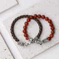 8MM Gemstone Round Beads with Silver Plated Dragon Head Leather Bracelet