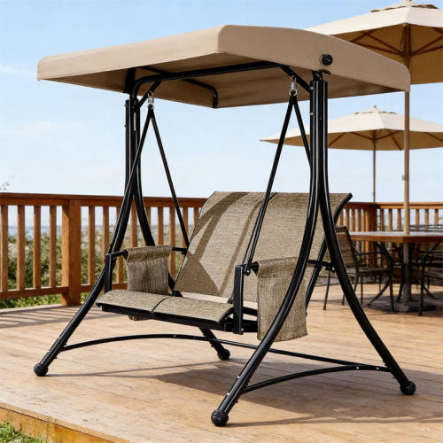 Modern Iron Outdoor Swing Chair for 2 People with Removable Canopy Waterproof & Quick-Dry Cushions Patio Swings for Villa & Park
