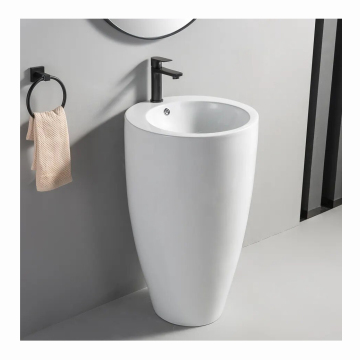 Modern White Glossy Floor Standing Pedestal Sink with Single Hole Faucet