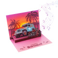 Tarjeta de cumpleaños emergente musical 3D Beach Sunset con coche todoterreno