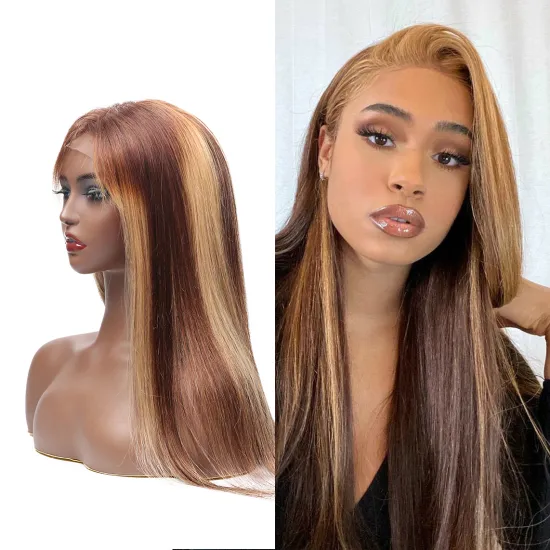 4*4 Honey Blond Human Hair Wigs 4X4 Ombre Colour Straight Highlight Lace Front Wigs Piano Color Lace Frontal Wig