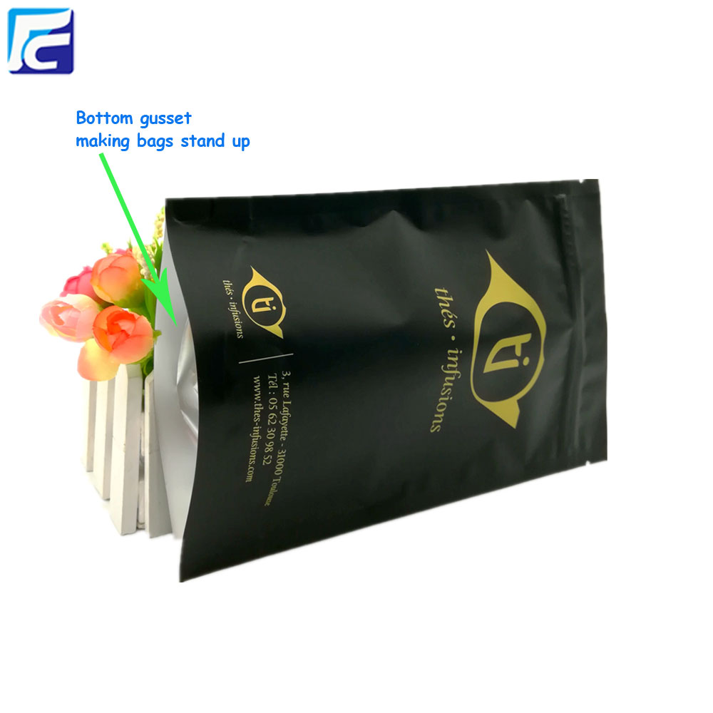 Black mylar foil stand up reusable tea bags