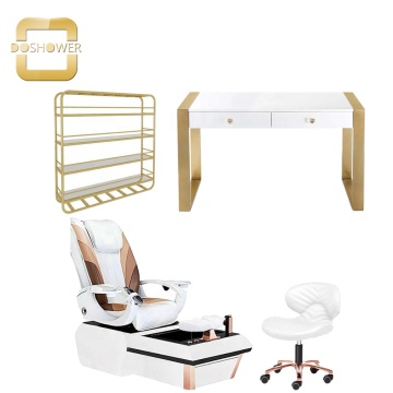 Modern White and Rose Gold Pedicure Chairs with Gold Nail Table for Nail Salon Furniture