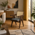 Contemporary Wood Armchair Woven Back Fabric Seat Modern Leisure Chair for Living Room Hotel Home Bar