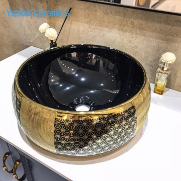 Ceramic Wash Basin Black with Gold Hotel Bathroom Sink