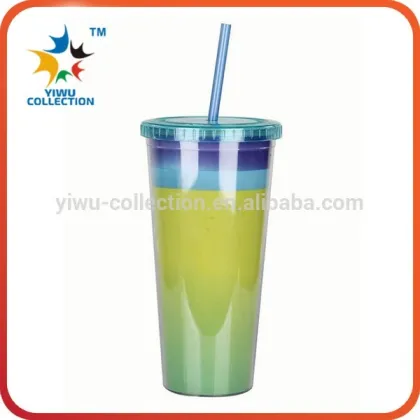 Manufature double wall plastic straw cup/color changing double wall plastic straw cup