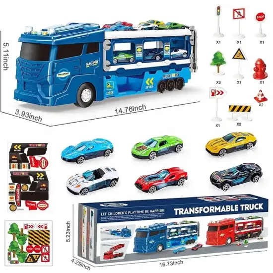 Versatile 2-in-1 Car Carrier & Race Track Set with Dual Launcher for Kids