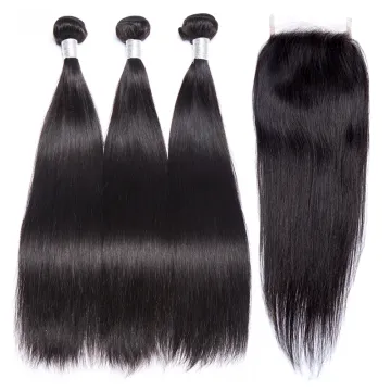 Wholesale Indian Straight Hair Bundles 4*4 Closure 100% Natural Human Hair Bundles Double Wefts Thick Remy Hair Extension
