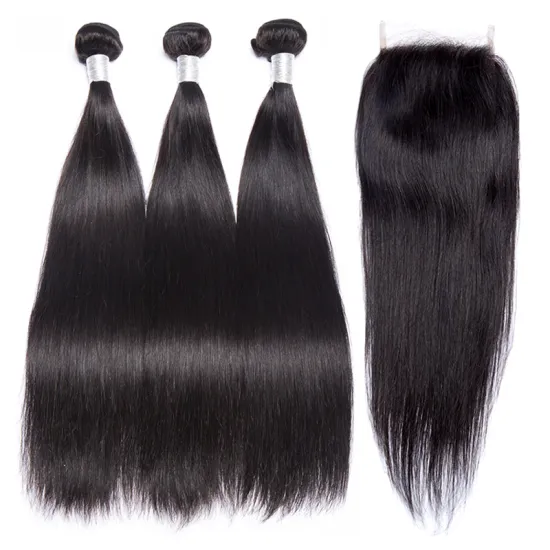 Wholesale Indian Straight Hair Bundles 4*4 Closure 100% Natural Human Hair Bundles Double Wefts Thick Remy Hair Extension