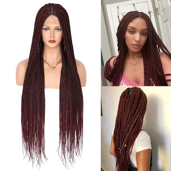 36 Inch Knotless Box Braided Synthetic Ombre Burgundy Wig with Lace Front and Baby Hair