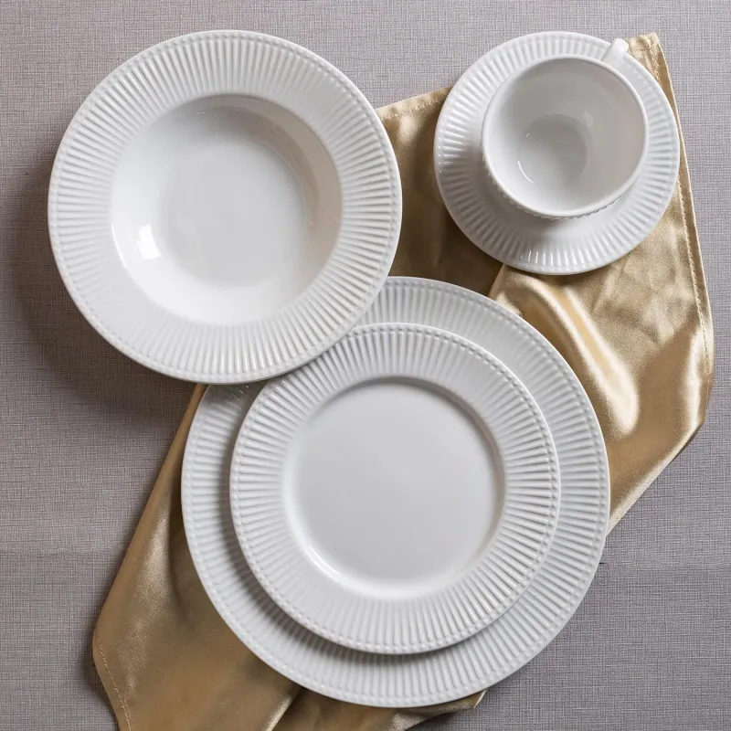 Contemporary Porcelain White Ribbed Dinner Set