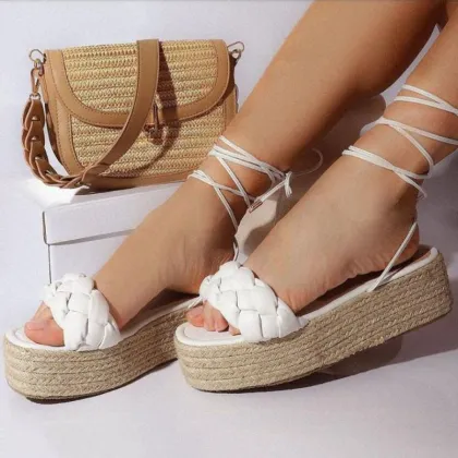 Large Hemp Woven Thick Soled Sandals - New Summer Style Lace Up Flat Sandals for Women