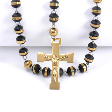 Black Rubber Beads Catholic Rosary Cross Necklace