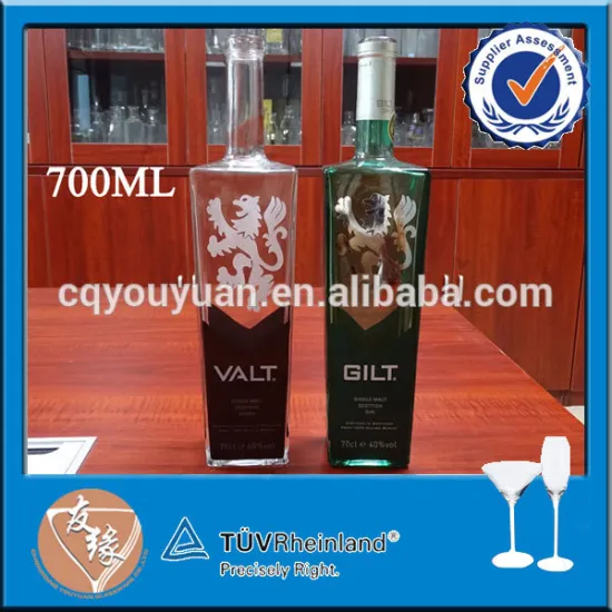 Flat rectangular empty vodka bottle glass liquor bottles 70cl