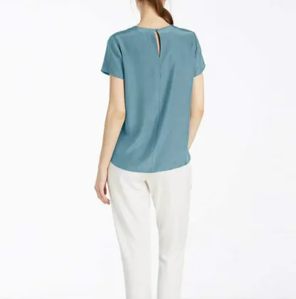Silk Shirt Blouse Short Sleeve Casual Round Neck