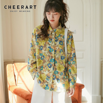 CHEERART Yellow Flower Shirt Women Fall 2020 Button Up Long Sleeve Blouse Loose Casual Floral Top Korean Fashion Clothing