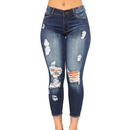 Women's Ripped Skinny High Waist Trousers - Spring Autumn Casual Denim Jeans