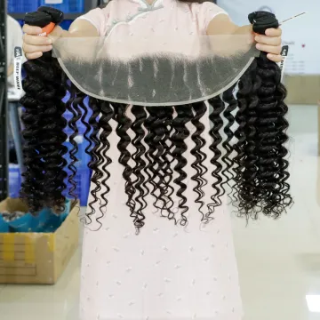 Annione Deep Wave Hair Bundles With Transparent Lace Frontal Brazilian Human Hair Weave Bundles Vendor 2 3 Bundles With Frontal