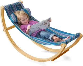BODI Lightweight Rocking Floor Hammock with Kids Wooden Curved Stand