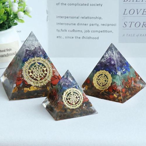 seven chakra organe pyramid set piece colorful crystal stone resin pyramid Chips Layer Flower of Life Healing