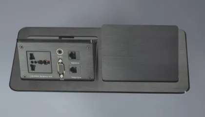 Desktop Pop Up hotel room media hub with audio jack