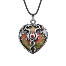 Unaktie Heart Antique Silver Double Dragon Stone Pendant (32x42mm) Necklace 45cm Black Cord