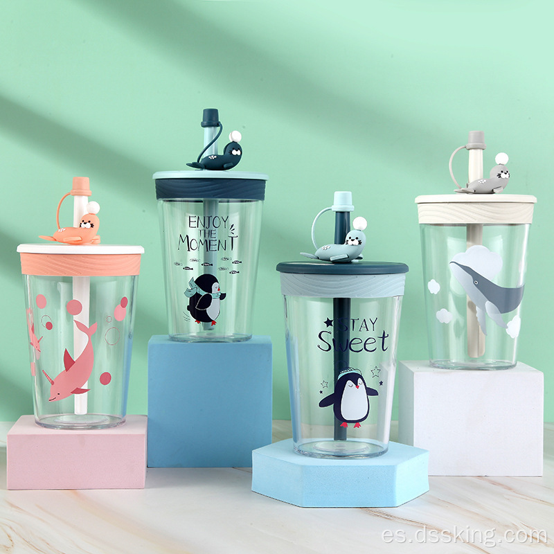 Tritán Nuevo taza de agua de plástico Copa de dibujos animados con tapa y paja