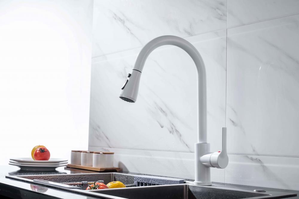 White 304-Stainless-Steel Pull Down Kitchen Faucet