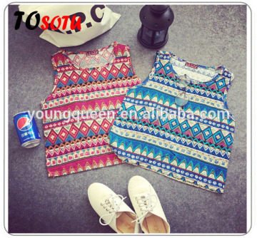 XF1 women the new folk style retro pop rhombus pattern printing cotton vest sleeveless girls vest and t-shirt