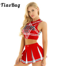 TiaoBug Women Charming Cheerleader Uniform Pentagram Back Crop Top with Mini Pleated Skirt Set Sexy Cosplay School Girls Costume