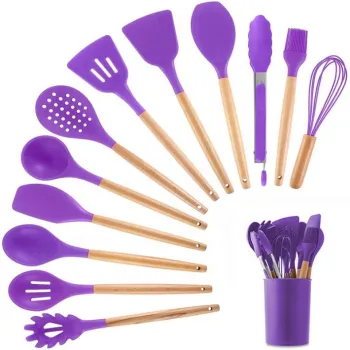 12-Piece Silicone Kitchen Utensils Set with Wood Handles & Storage Bucket