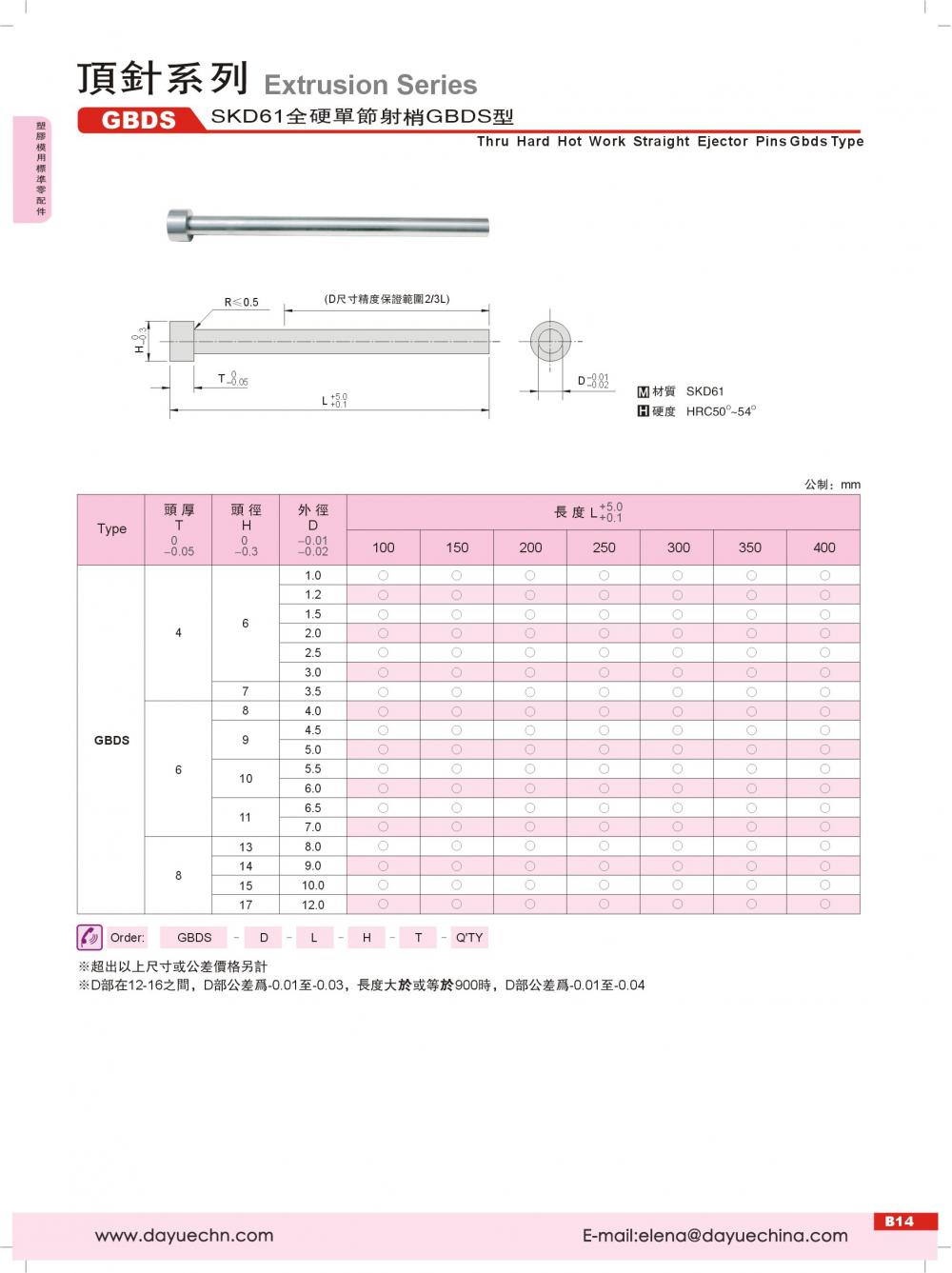 SKD-61 Single Ejector Pin JIS Standard Mold Parts