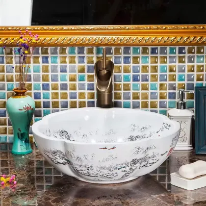 Chinese Style Ceramic Art Wash Basin - Flower Shape Hand Wash Basin