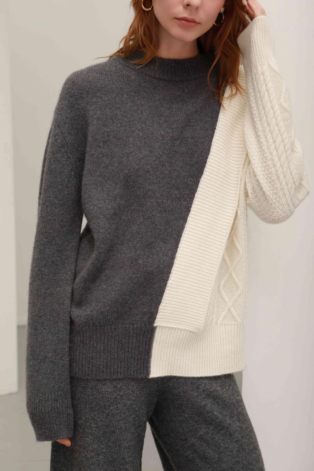 Pull col rond en maille cachemire gris et blanc