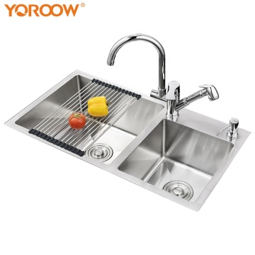 Handmade Custom Size 304 Stainless Steel Silver Kitchen Sink with Tray and Accessories, Double Bowl, 11 Gauge, Modern High Quality