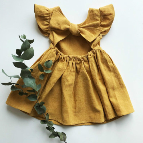 Girls' Cotton Linen Solid Color Bow Dress