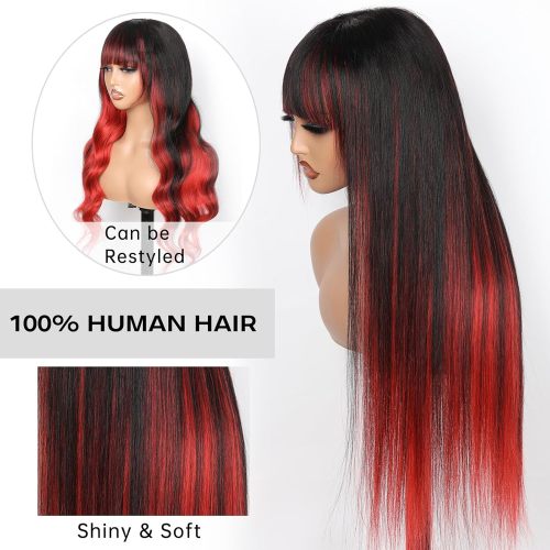 Wig with Bangs Red Black 2x4 Lace