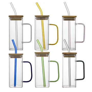 High-Quality Borosilicate Glass Beer Glasses with Handles, Bamboo Lid, and Straws for Home and Bar Use