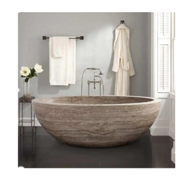 Modern Freestanding Soaking Bathtub in Genuine Travertine Stone with Top Grade Drainer